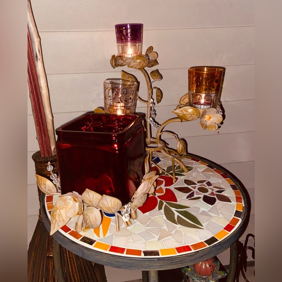 PartyLite Vintage 3+1 Candle Holder Centerpiece-Metal Leaves&Flowers, Beads&Gems - Picture 3 of 17